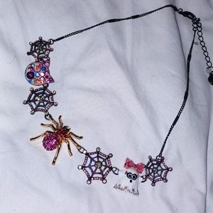 Betsey Johnson Halloween Necklace Black Cat Spider Web Ghost Boo Chain